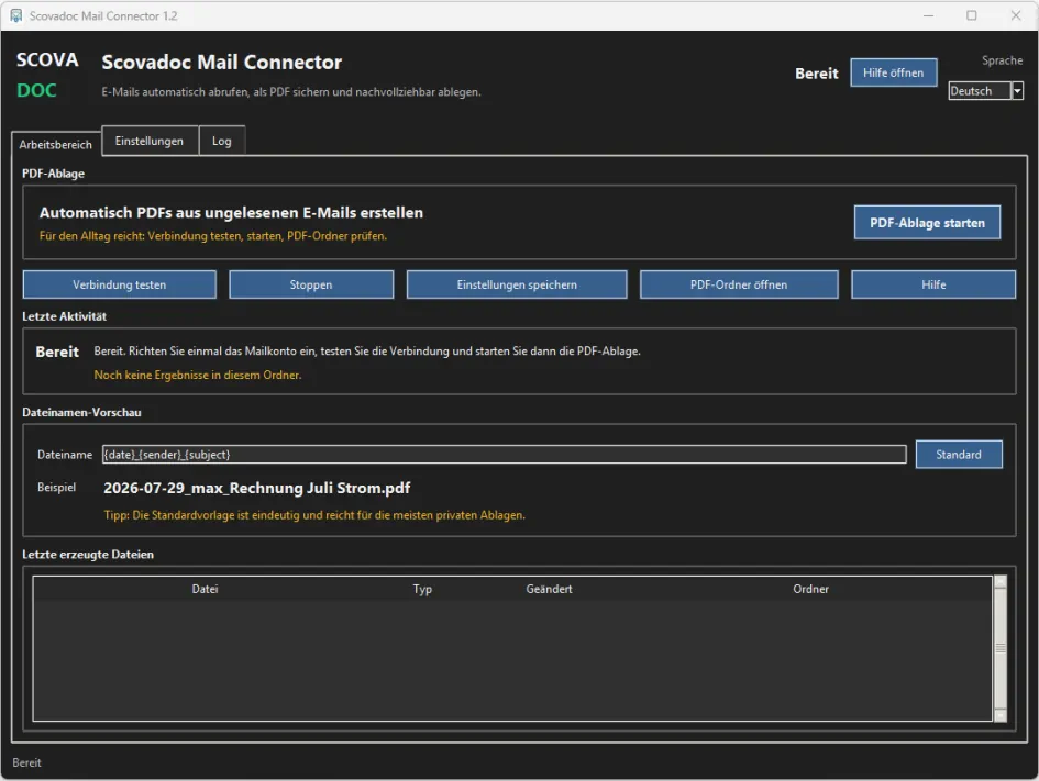 Scovadoc Mail Connector Screen